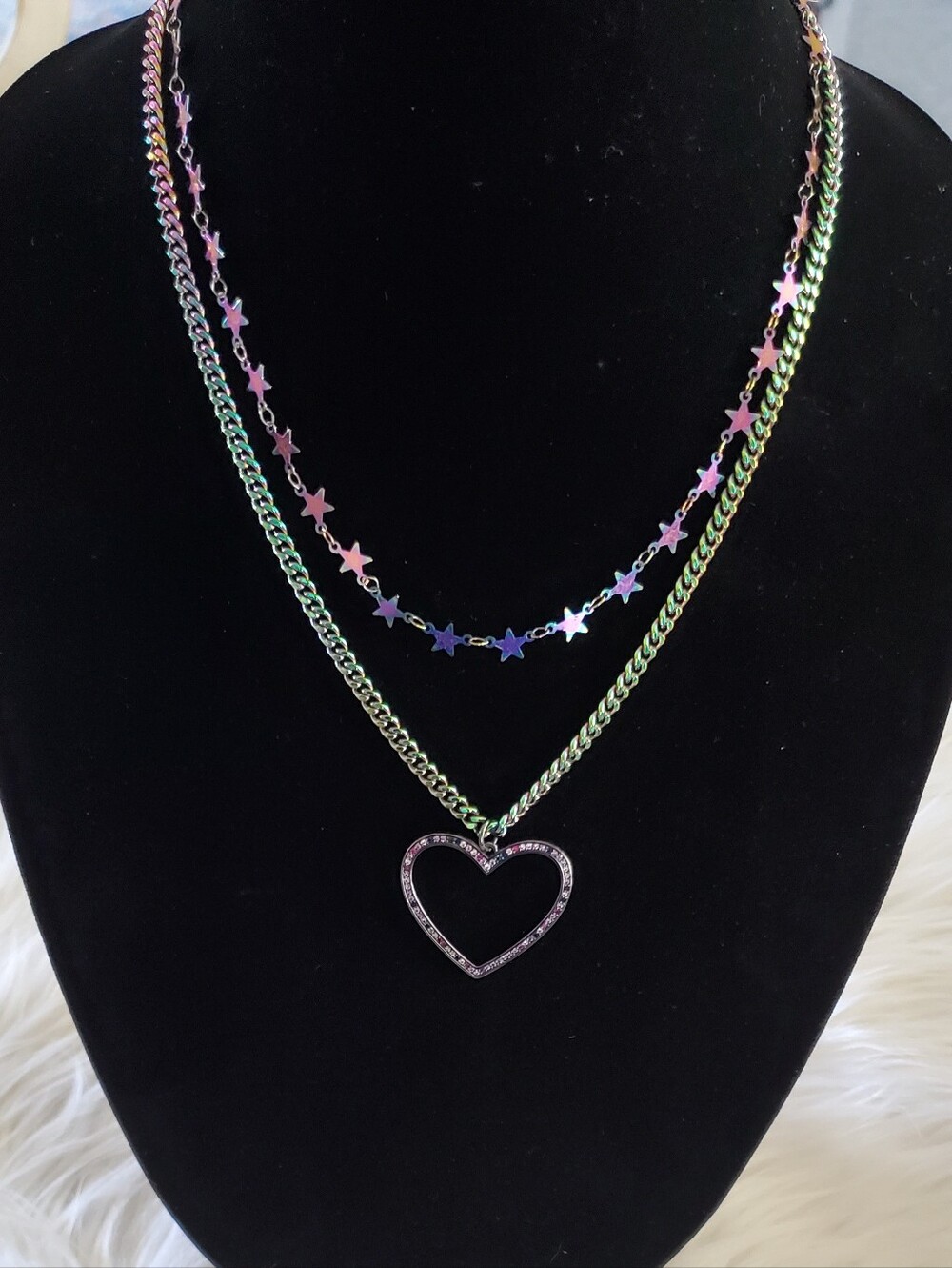 Iridescent Rainbow Chain Layered Open Heart & Star Pendant Necklace New